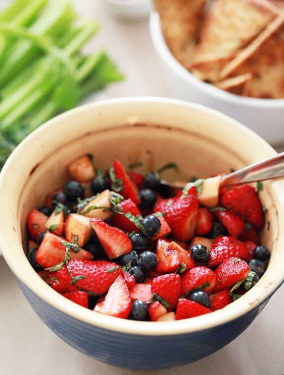 mixed berries with balsamic syrup and mint